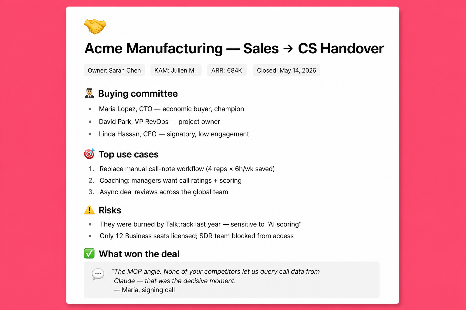 Sales → CS Handover — example output