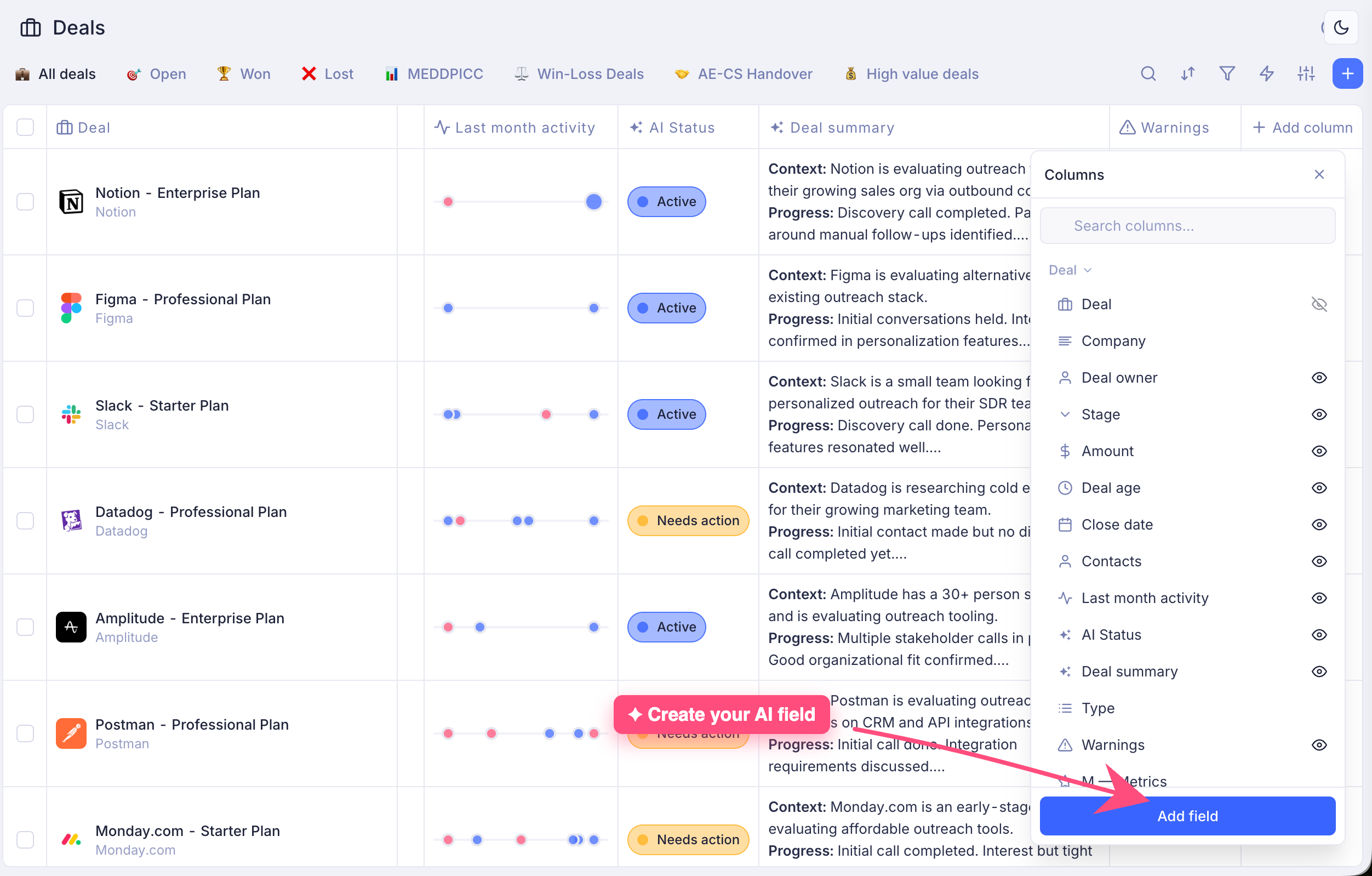 The Claap Deals view with an arrow pointing to the Add field button to create a new AI field