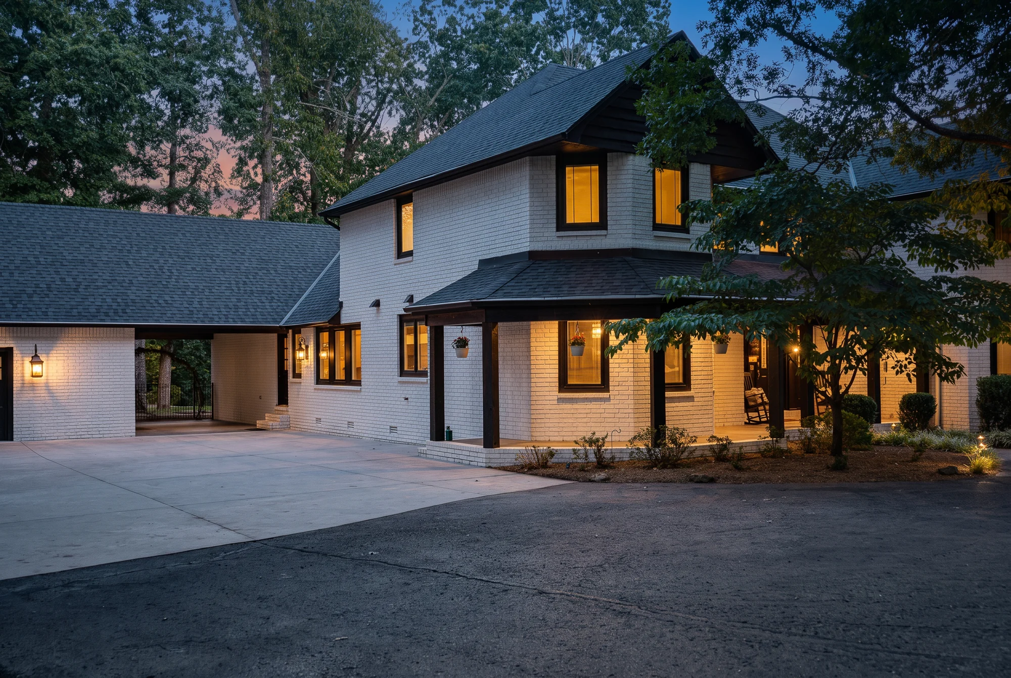 Twilight · Garage and front elevation