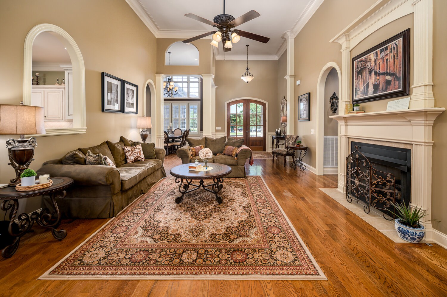Interiors · Living room and fireplace