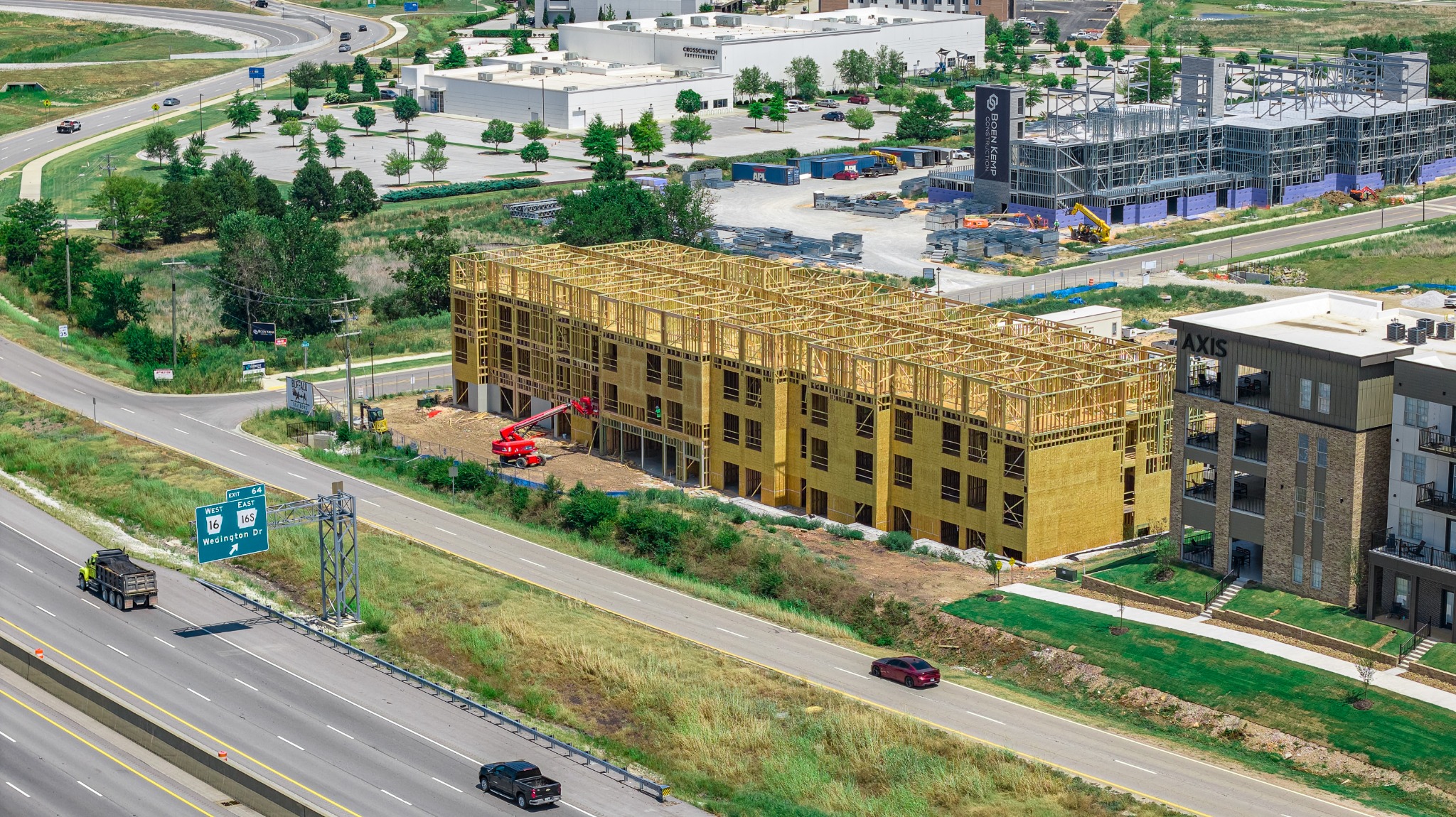 Aerial construction progress photograph of the Hyatt Studio building frame