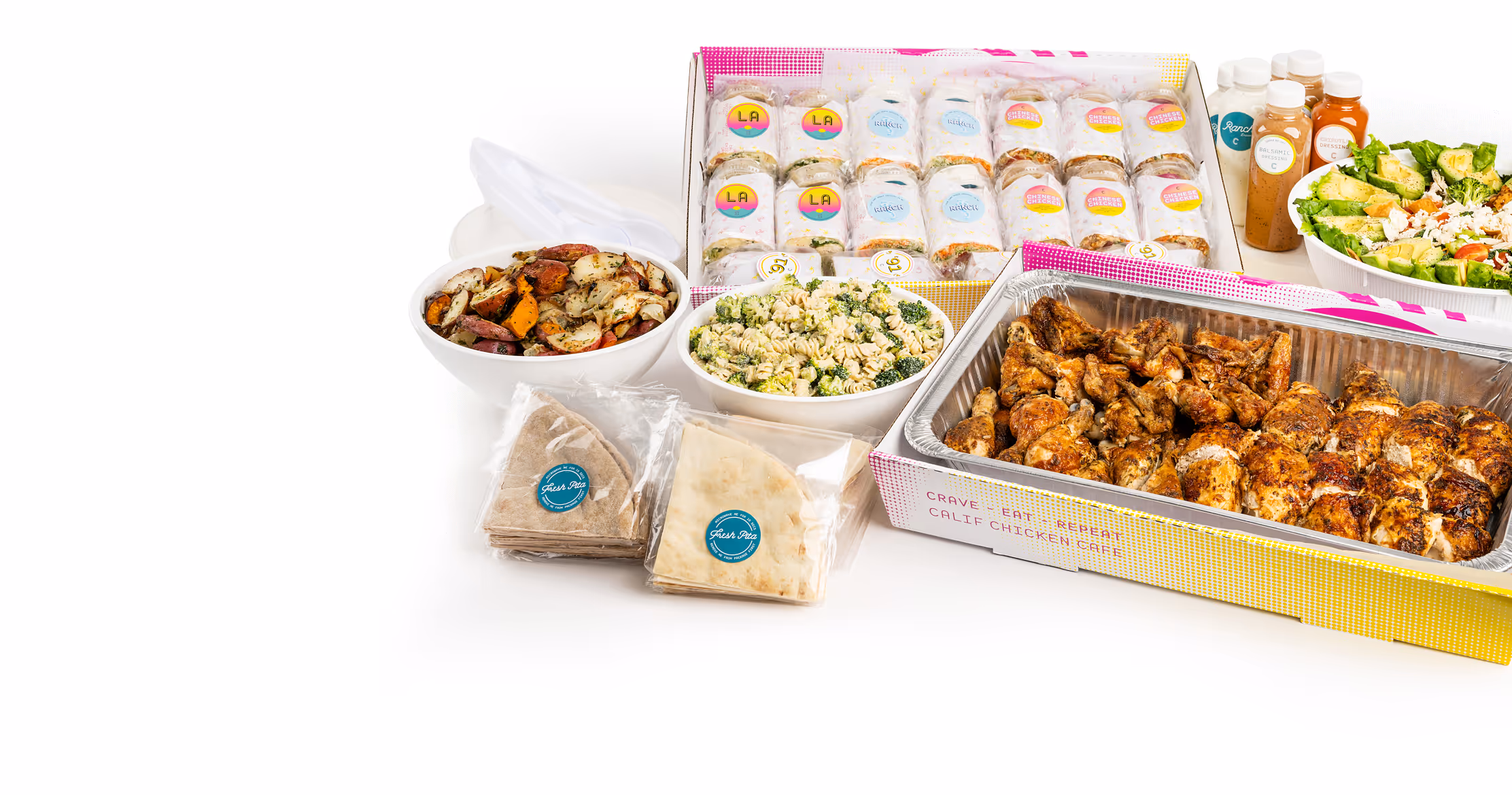 Various foods and drinks from Cali Chicken Cafe.