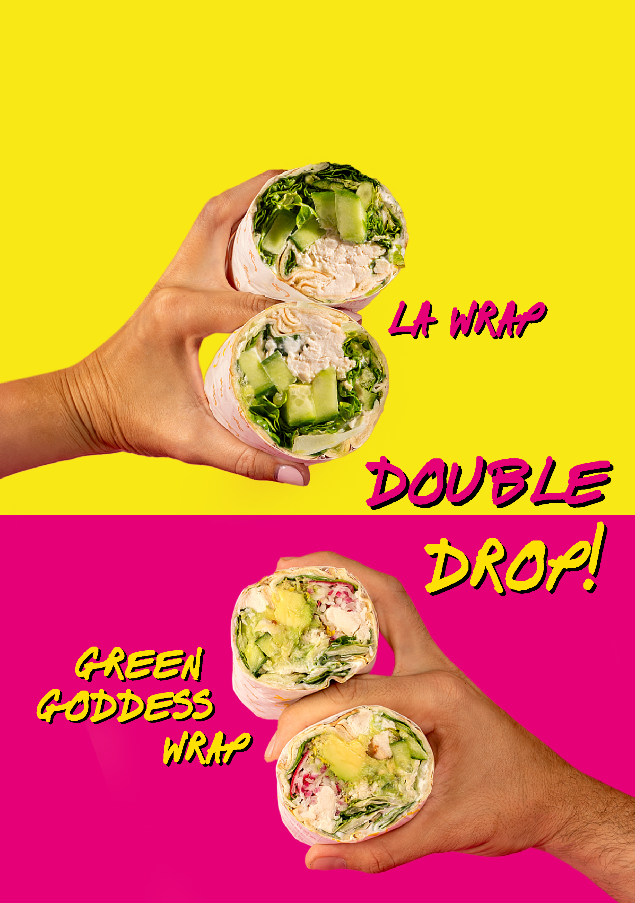 image of two hands holding two new wraps with copy that says double drop!