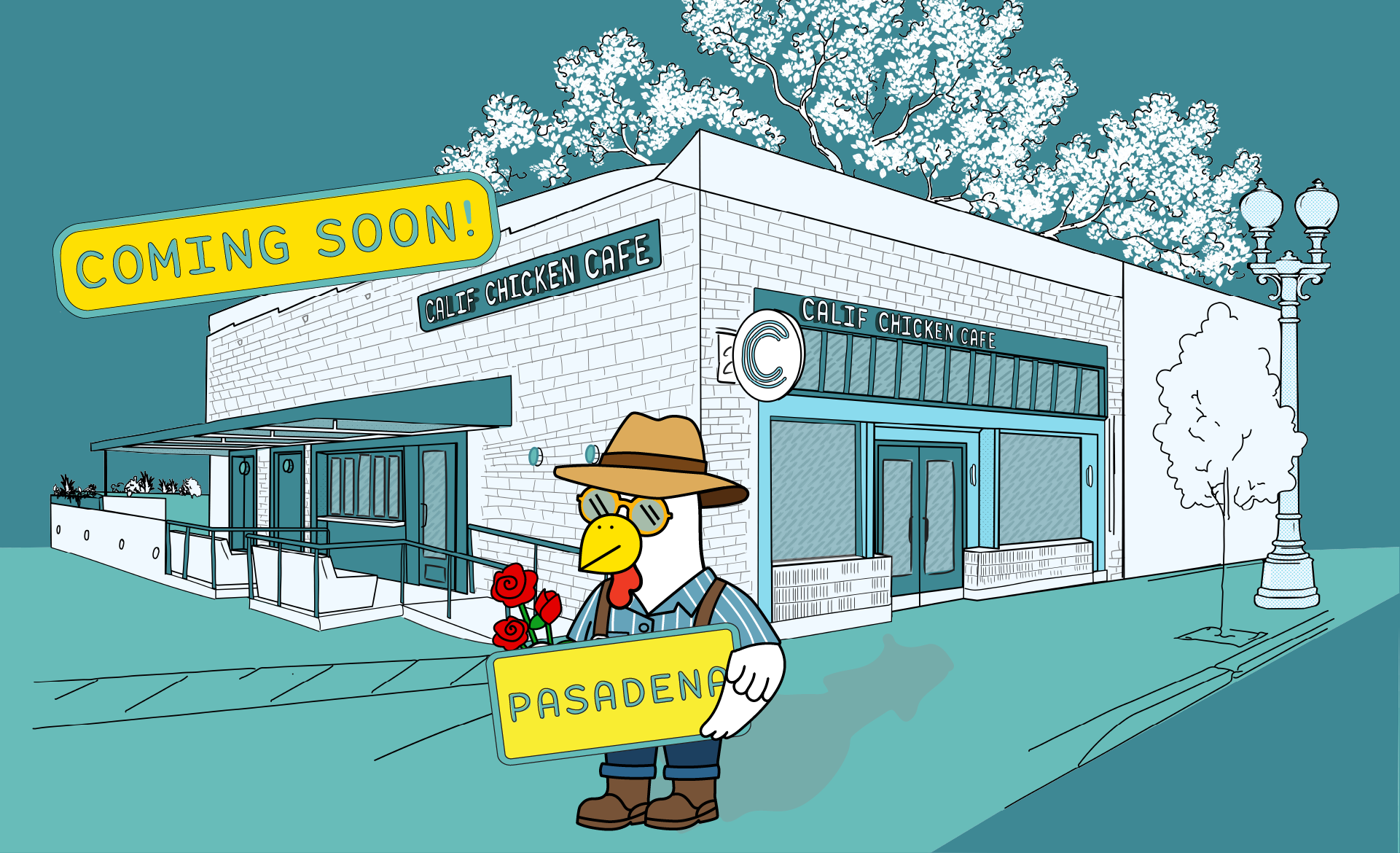 Illustration of building with Coming Soon banner and image of chicken with sign that says Pasadena.