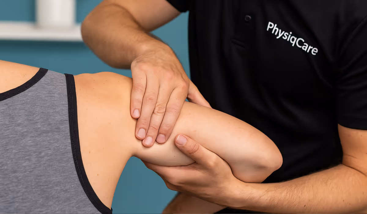 Close-up van een fysiotherapeut in zwarte PhysiqCare-kleding die de schouder van een patiënt onderzoekt en ondersteunt, met focus op de handen en de schouder tegen een turquoise muur met plant op de achtergrond.