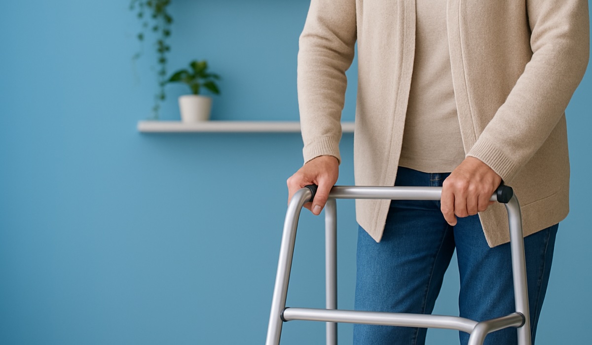 Oudere vrouw loopt met een rollator