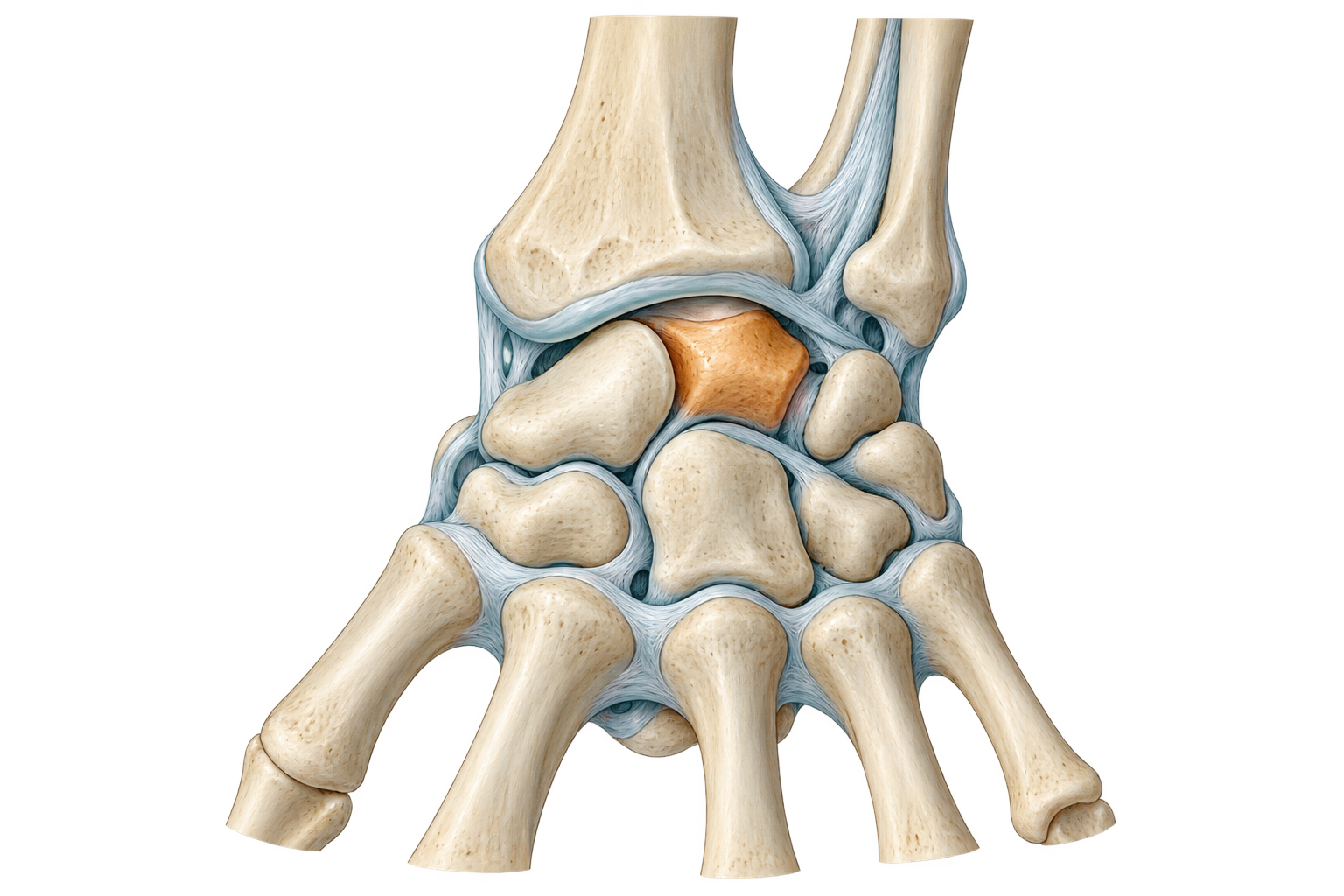 Anatomische illustratie van de pols met het maanvormige handwortelbeentje gemarkeerd.