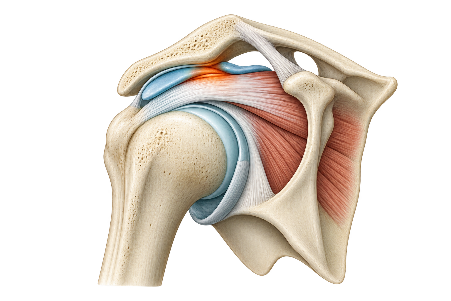 Anatomische illustratie van de schouder met de ruimte onder het schouderdak gemarkeerd.