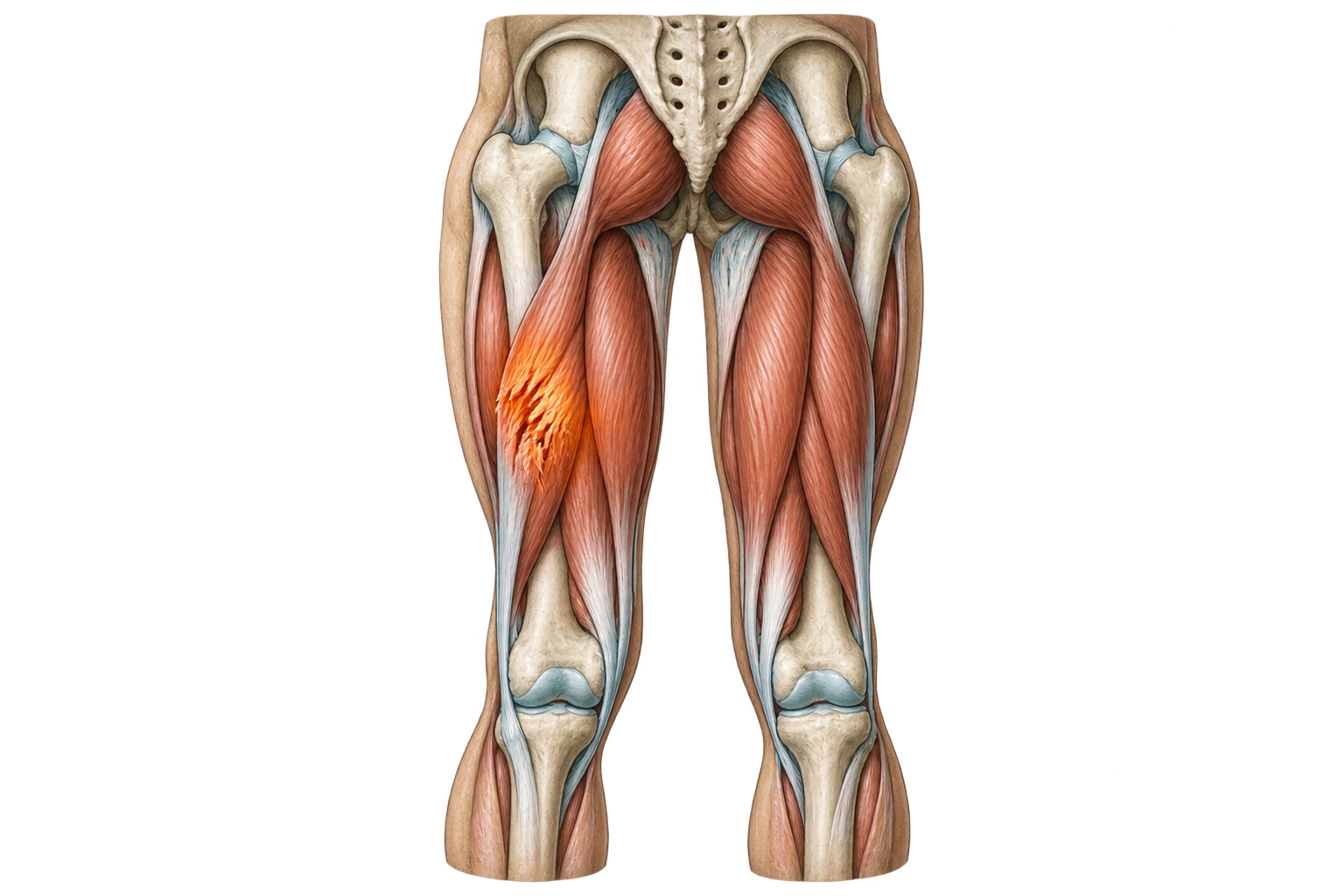 Anatomische illustratie van het bovenbeen met de hamstringspieren zichtbaar.