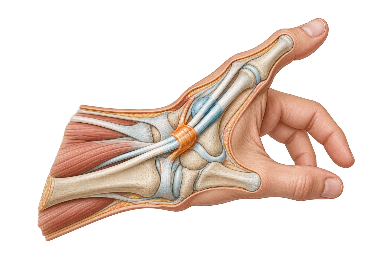 Anatomische illustratie van de pols met de peesschede aan de duimzijde gemarkeerd.
