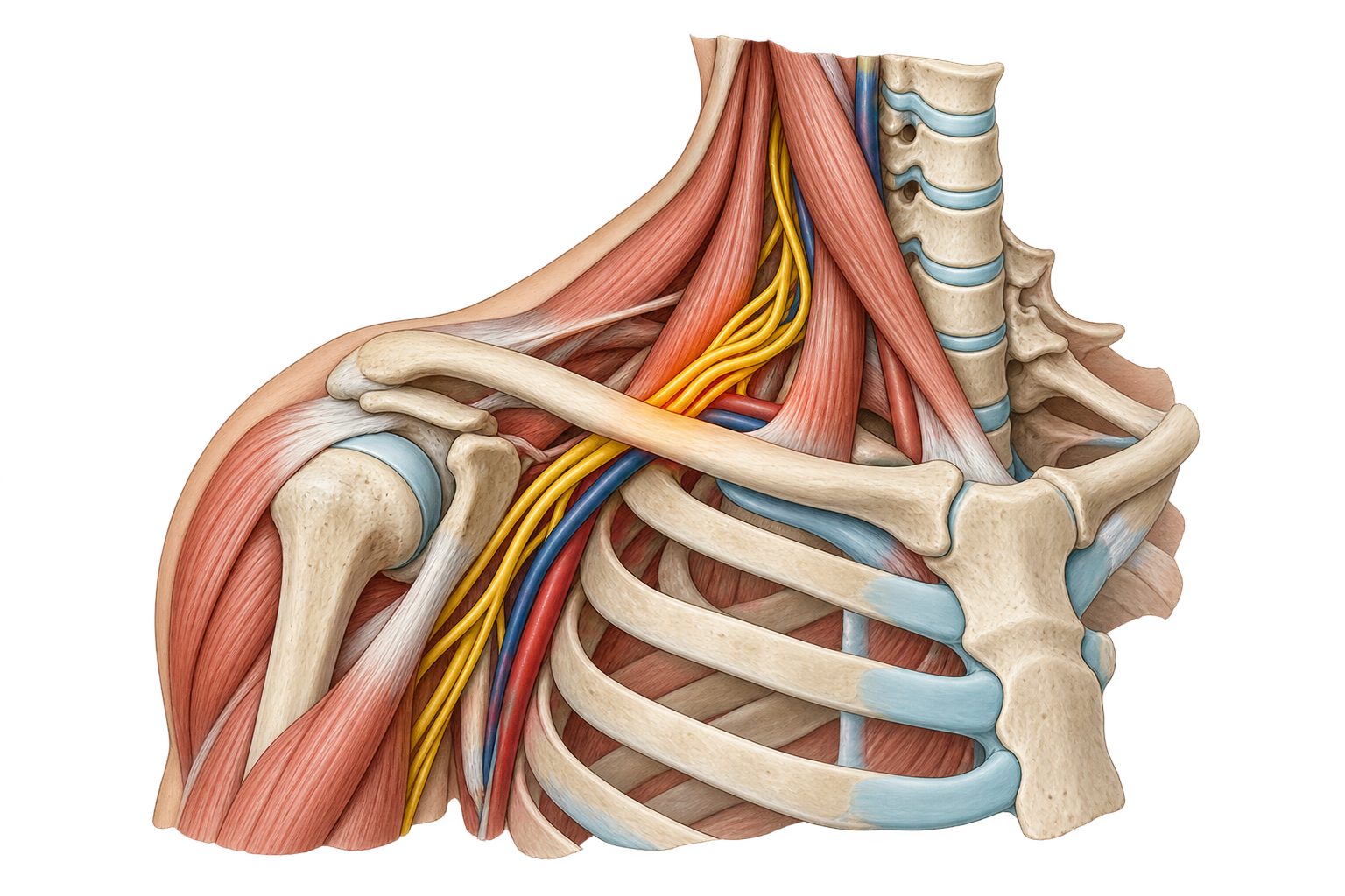 Anatomische illustratie van de schouderregio met zenuwen en bloedvaten onder het sleutelbeen.