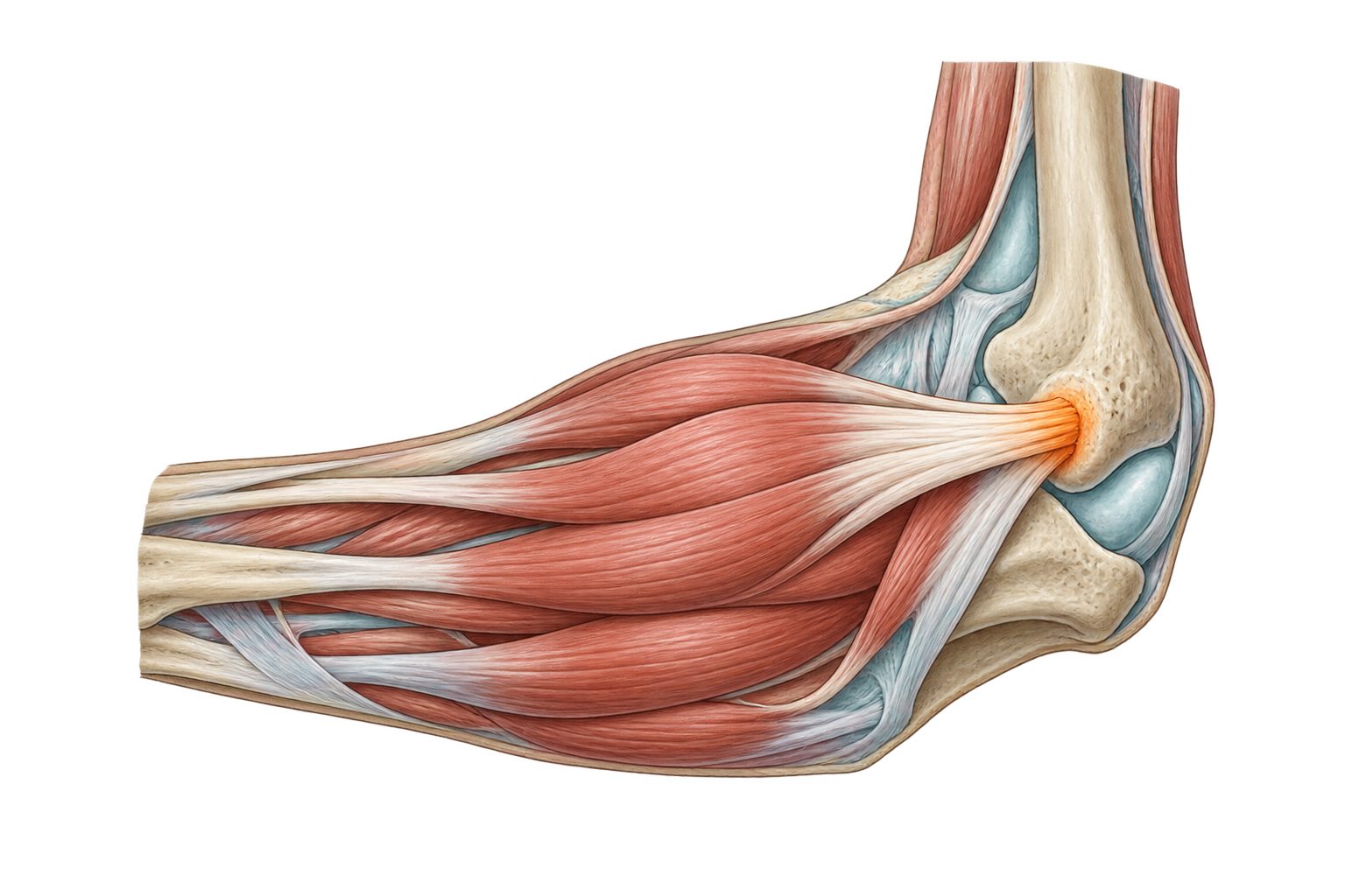 Anatomische illustratie van de elleboog met de aanhechting van de buigpezen gemarkeerd.