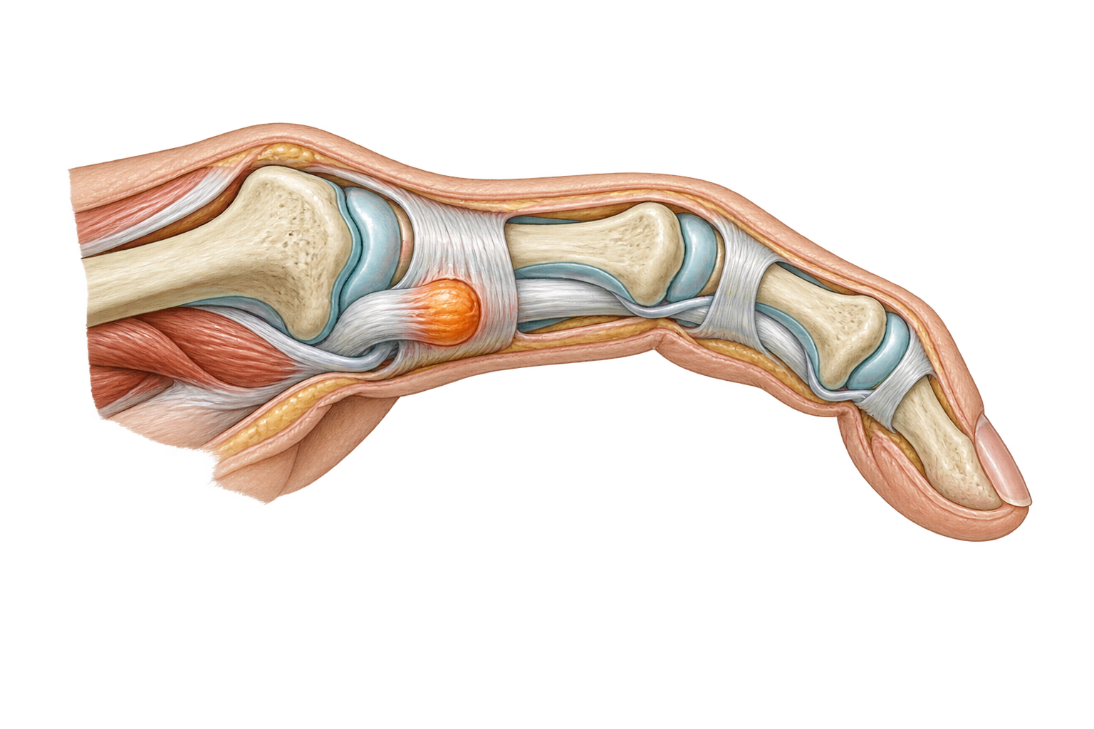 Anatomische illustratie van een vinger met de buigpees en een verdikt peesbandje.