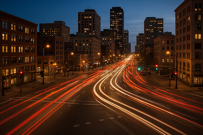 City traffic at dusk, as featured on the Aria product page