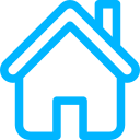 Ícone azul simple de uma casa com chaminé, representando página inicial.