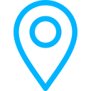 Ícone azul de marcador de localização com círculo no meio sobre fundo branco.
