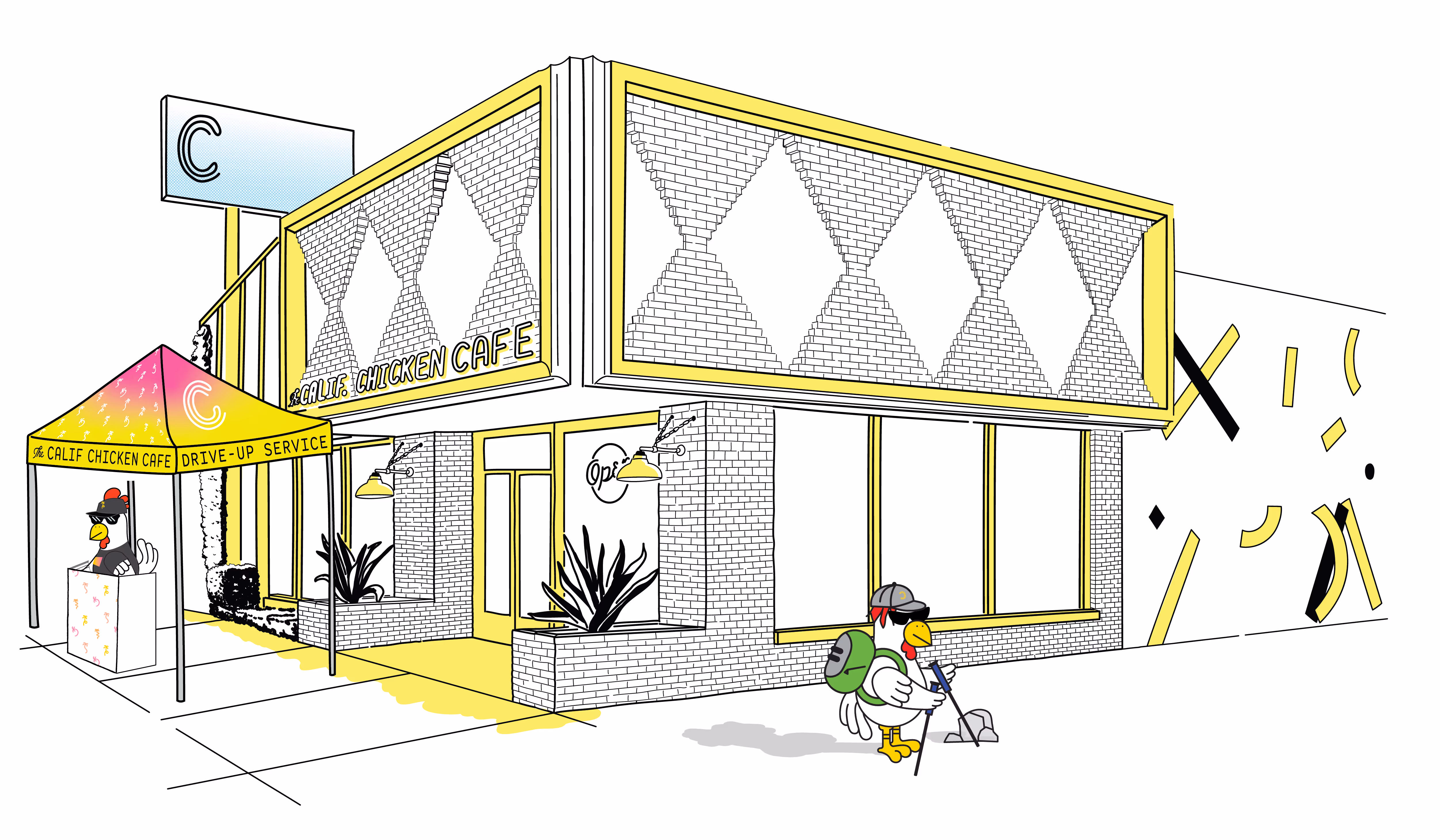 Chicken cartoon standing in front of an illustration of a restaurant in 