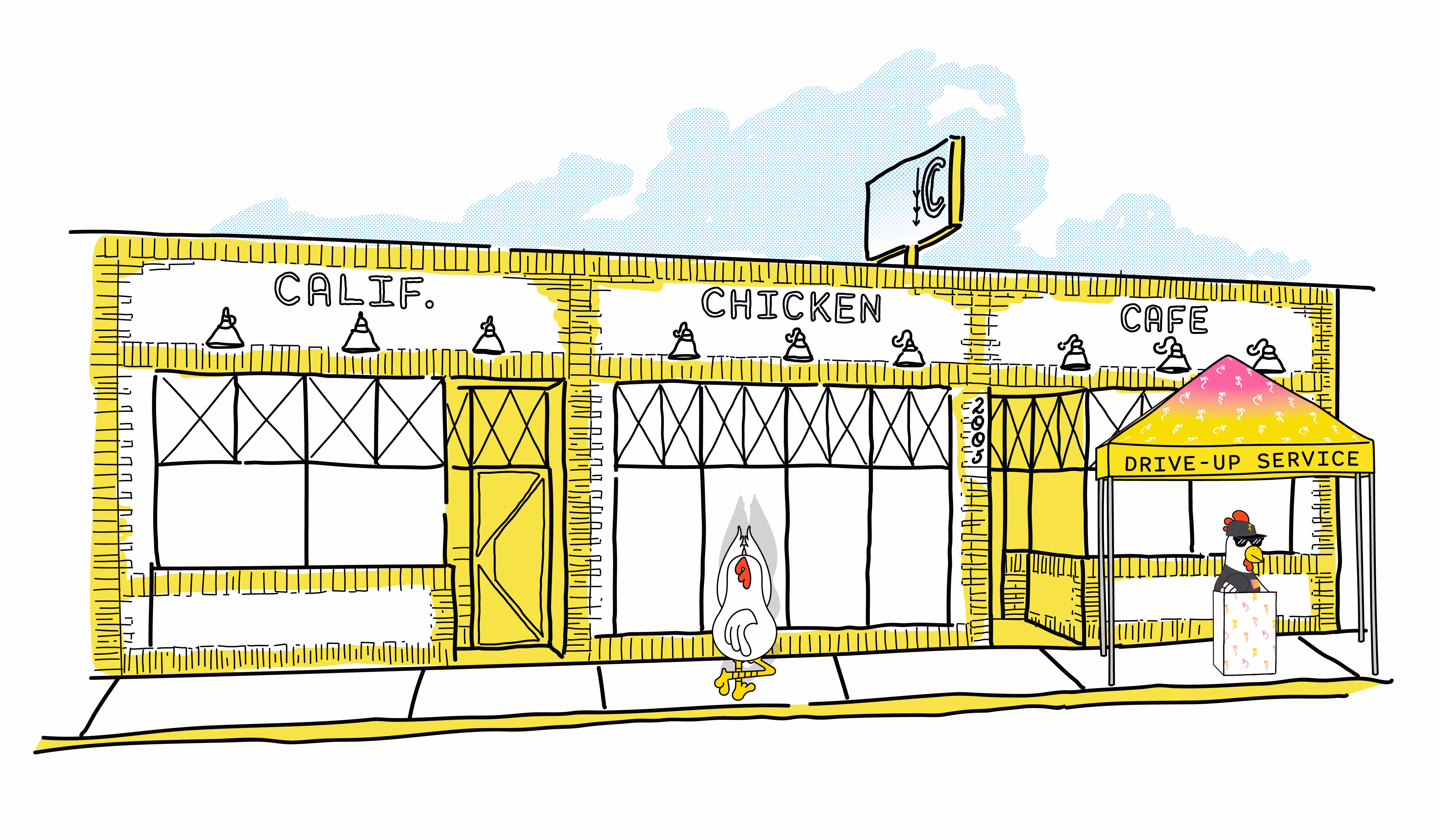 Chicken cartoon standing in front of an illustration of a restaurant in 