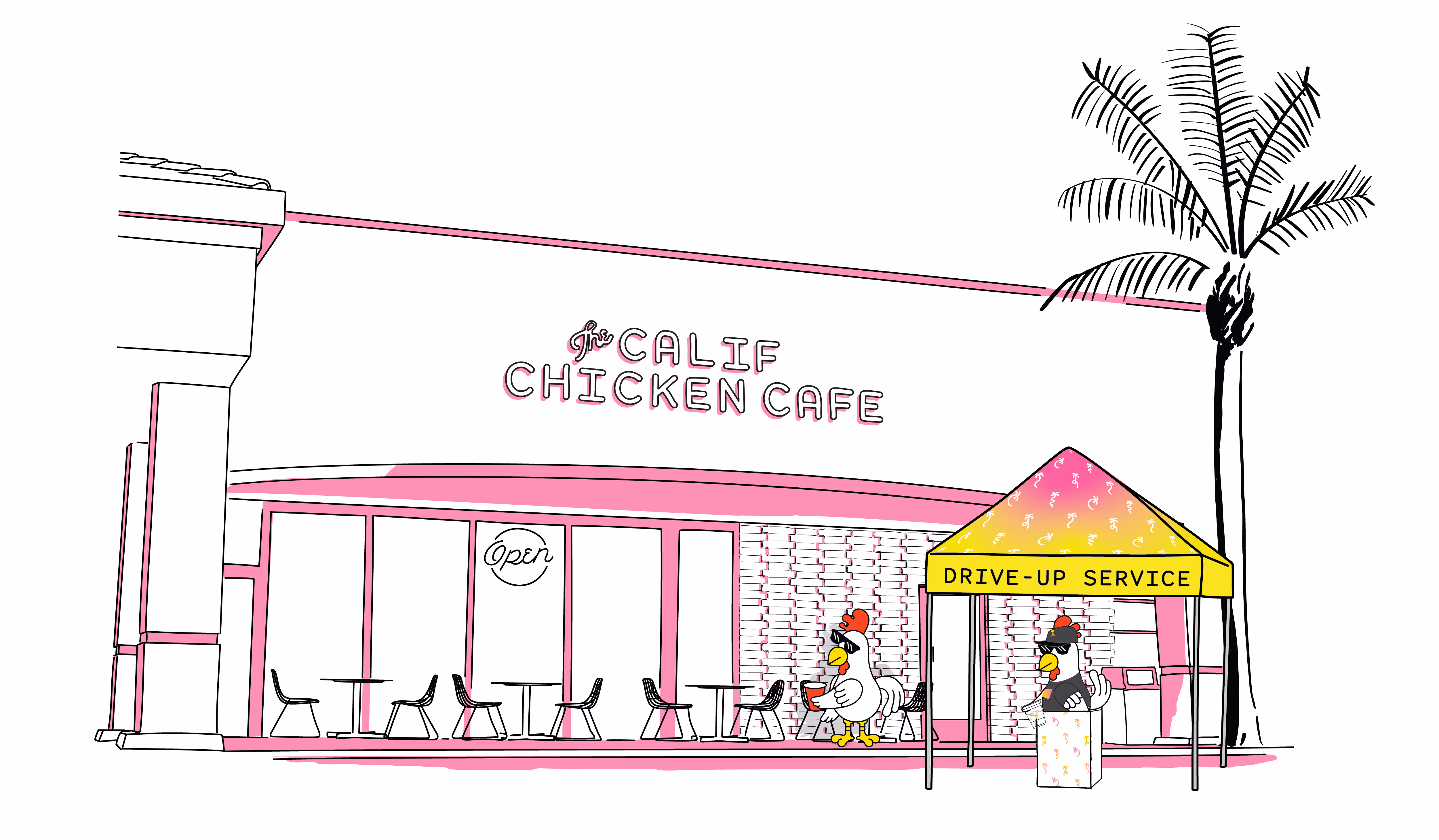 Chicken cartoon standing in front of an illustration of a restaurant in 