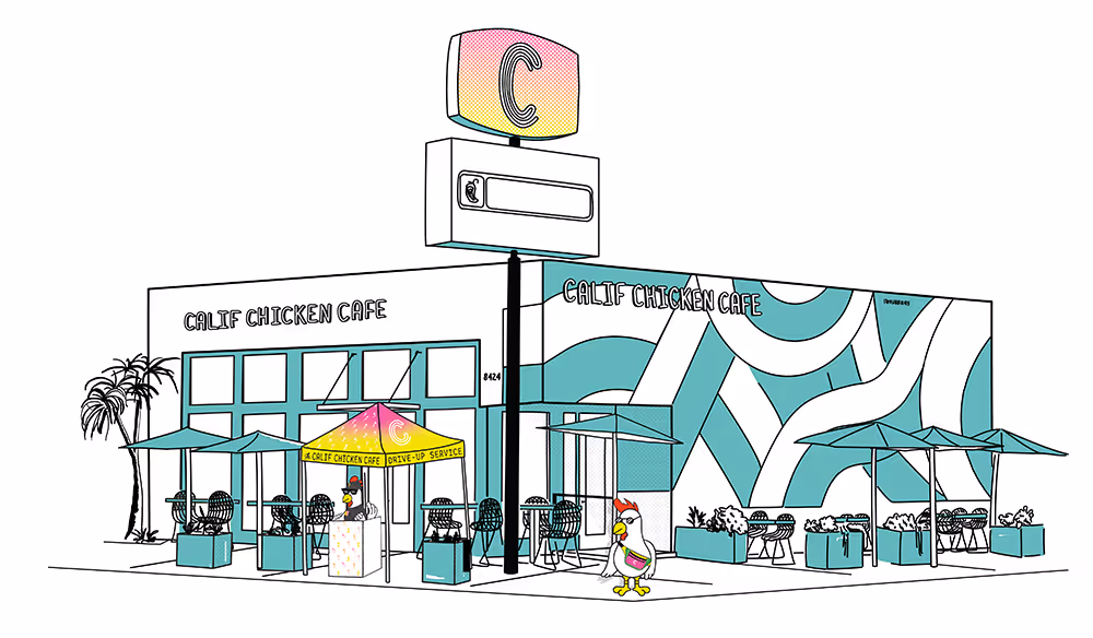 Chicken cartoon standing in front of an illustration of a restaurant in 