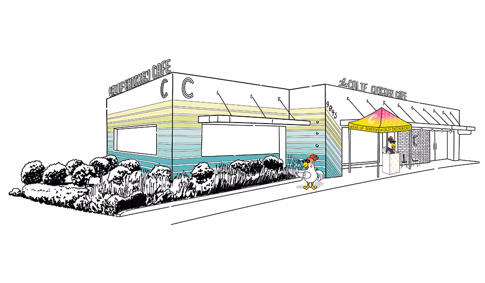 Chicken cartoon standing in front of an illustration of a restaurant in 