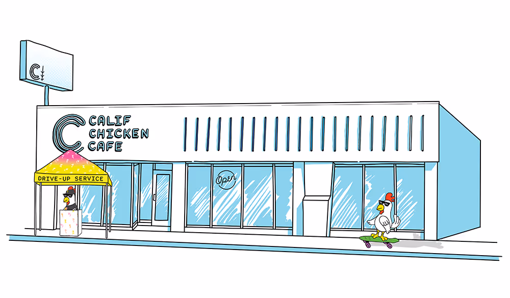 Chicken cartoon standing in front of an illustration of a restaurant in 