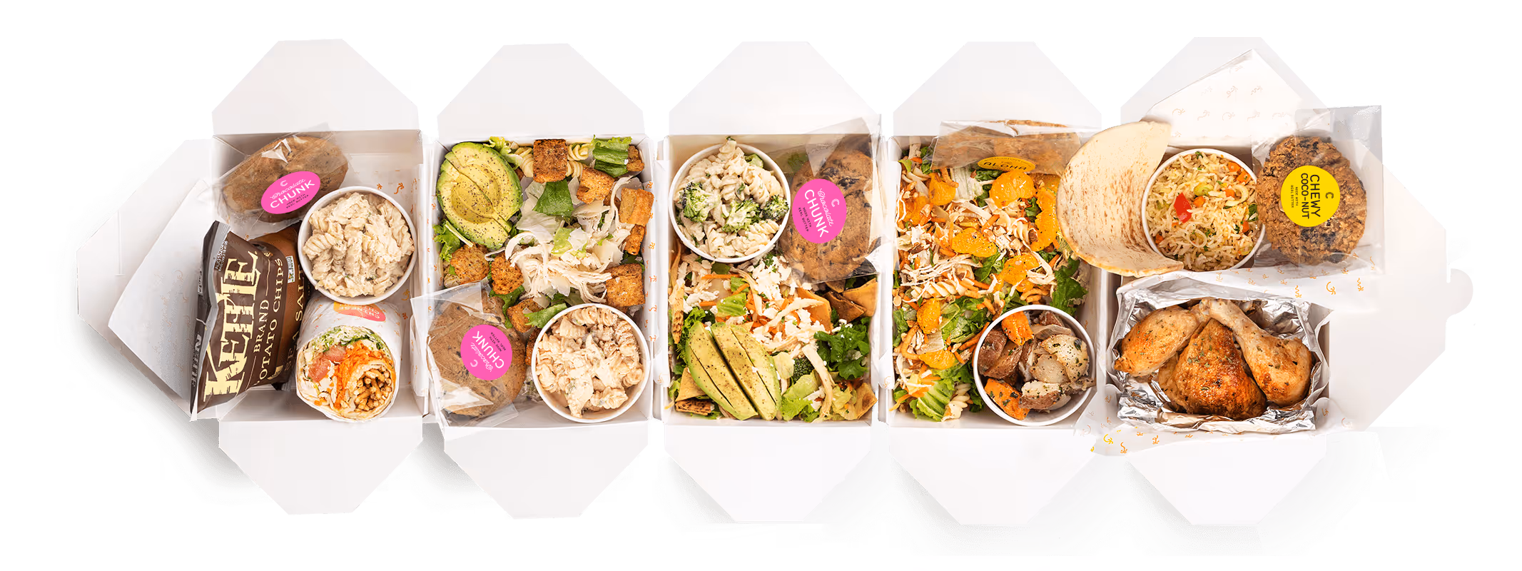 5 meal boxes with various food in each box.