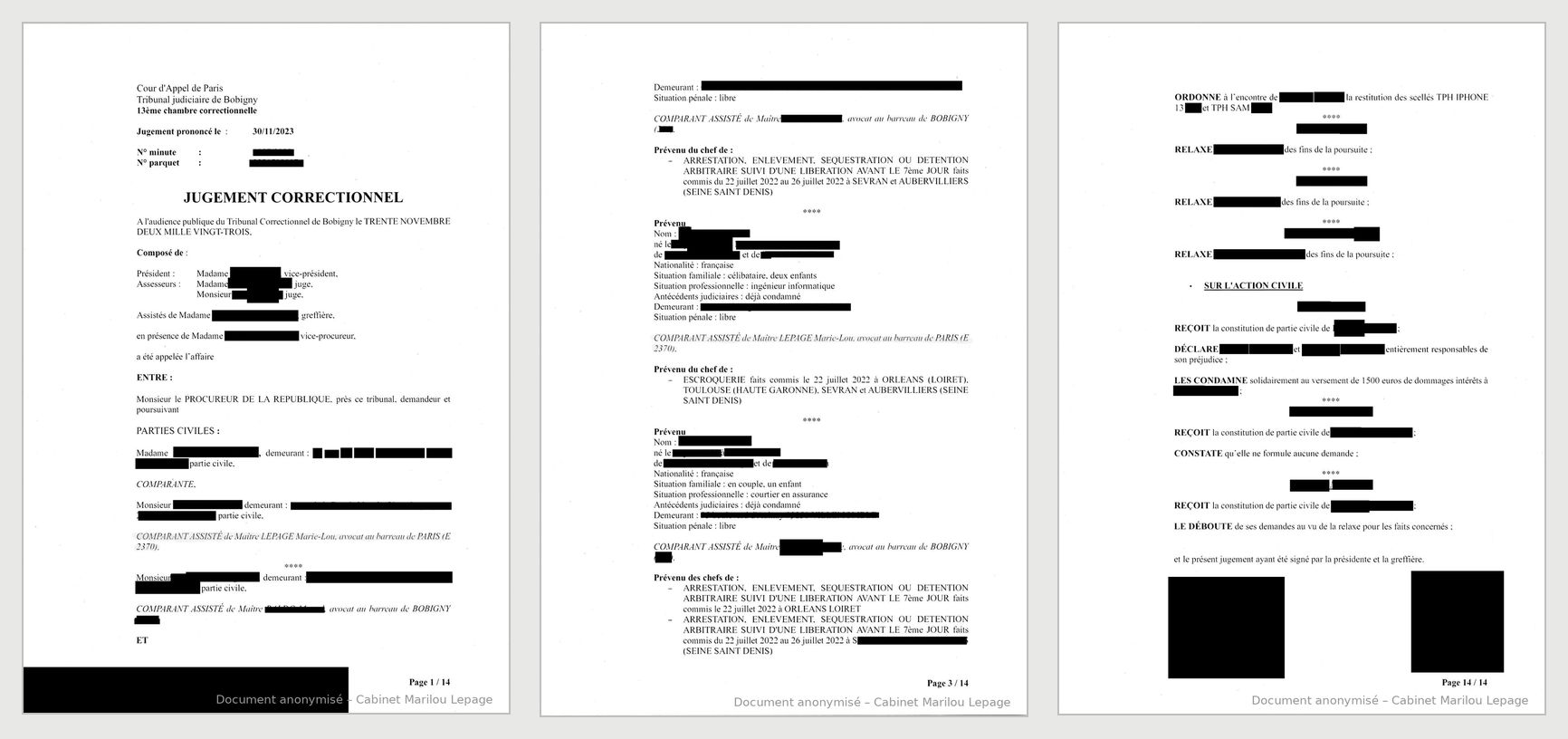 Jugement anonymisé - extrait, tribunal correctionnel de Bobigny, 30 novembre 2023