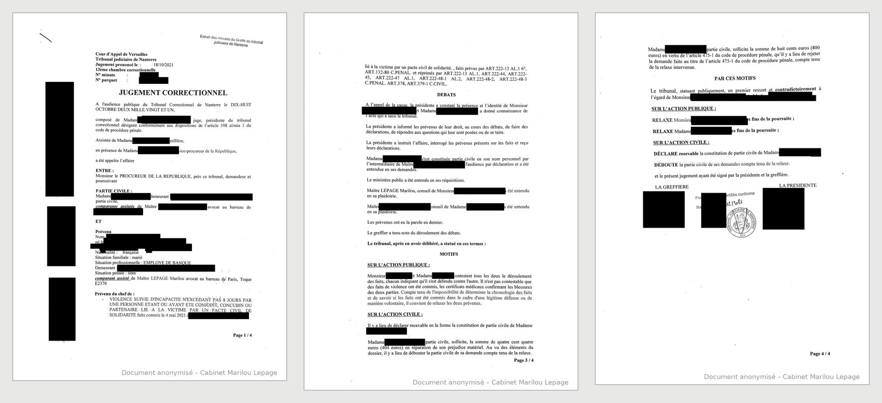 Jugement anonymisé - extrait, tribunal correctionnel de Nanterre, 18 octobre 2021