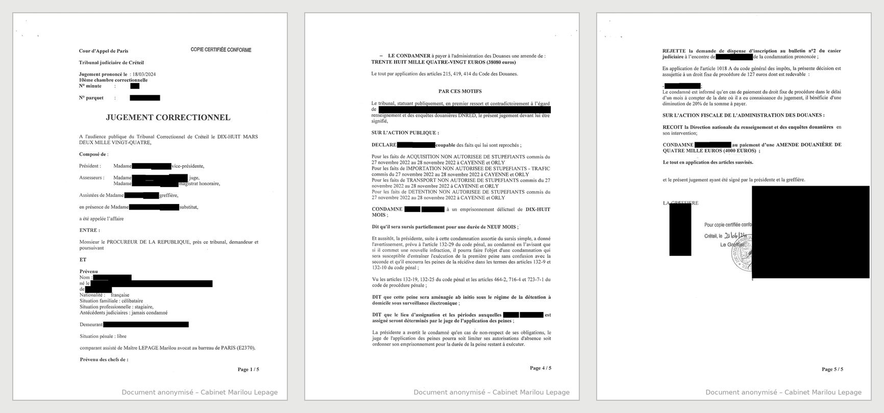Jugement anonymisé - extrait, tribunal correctionnel de Créteil, 18 mars 2024