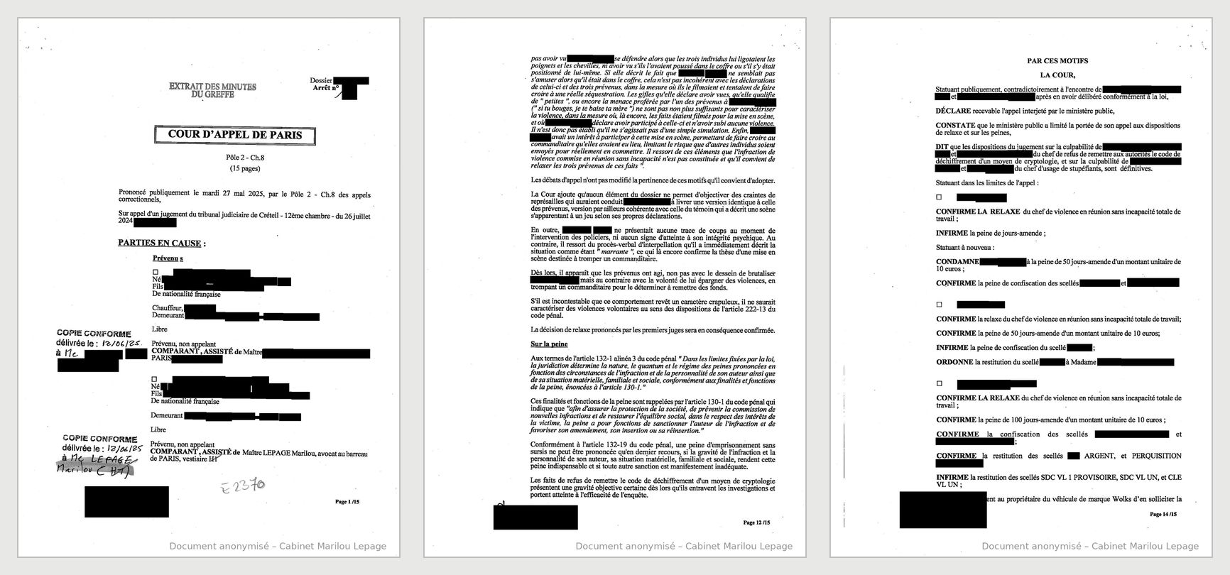 Jugement anonymisé - extrait, cour d'appel de Paris, 27 mai 2025