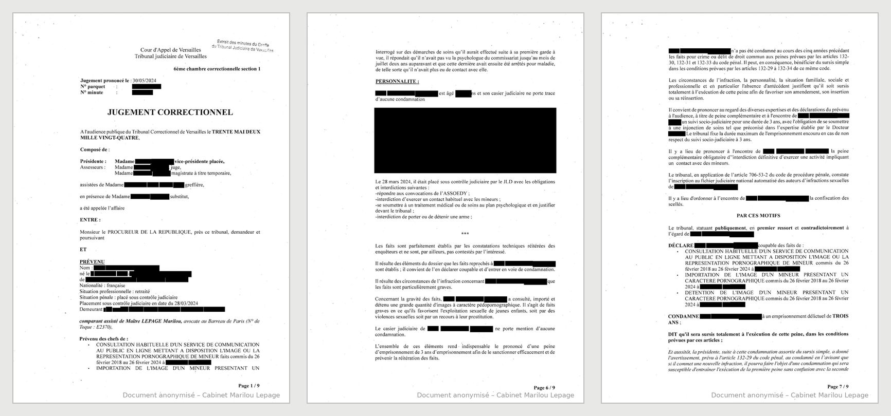 Jugement anonymisé - extrait, tribunal correctionnel de Versailles, 30 mai 2024