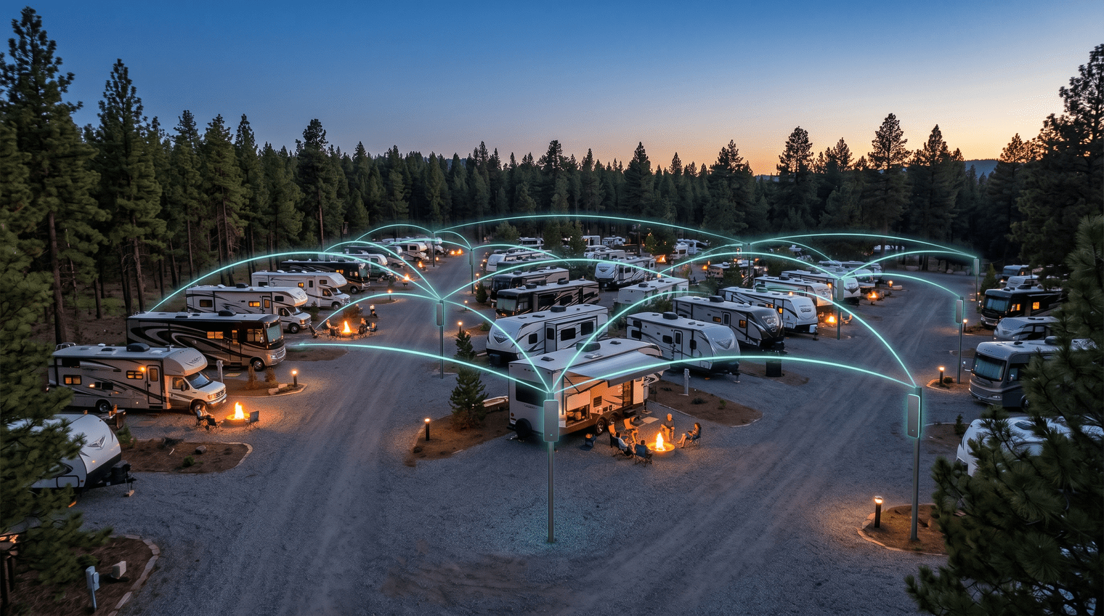 Campground WiFi solutions connect every site through outdoor access points, backhaul and a captive portal.