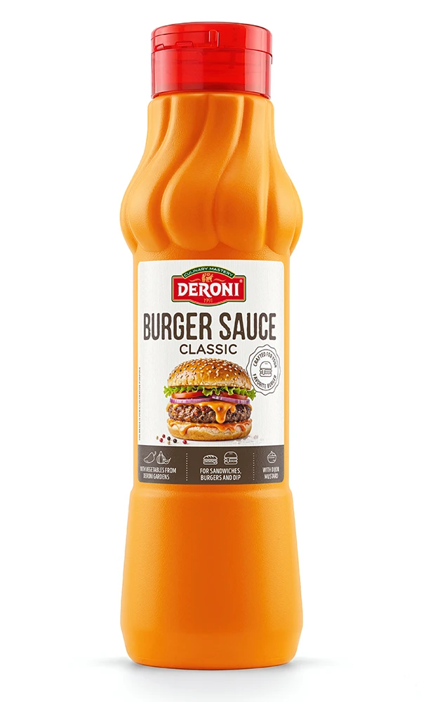 Deroni Classic Burger Sauce with a red cap and burger image on label.