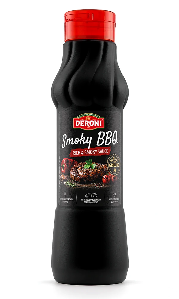 Deroni Smoky BBQ sauce with vegetables and olive oil.