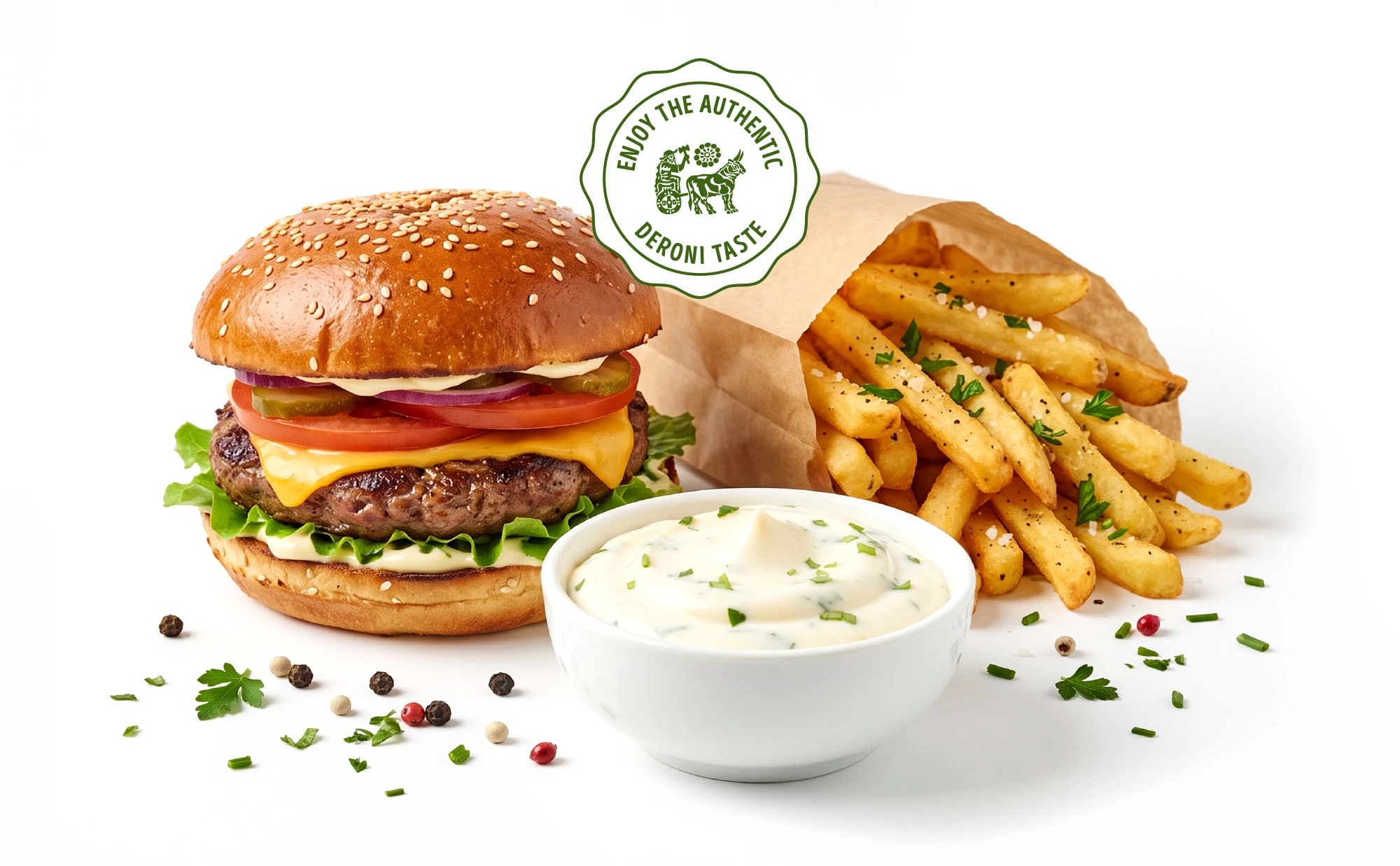 Salted French fries in a paper bag with a bowl of creamy herb dip and scattered herbs and peppercorns.
