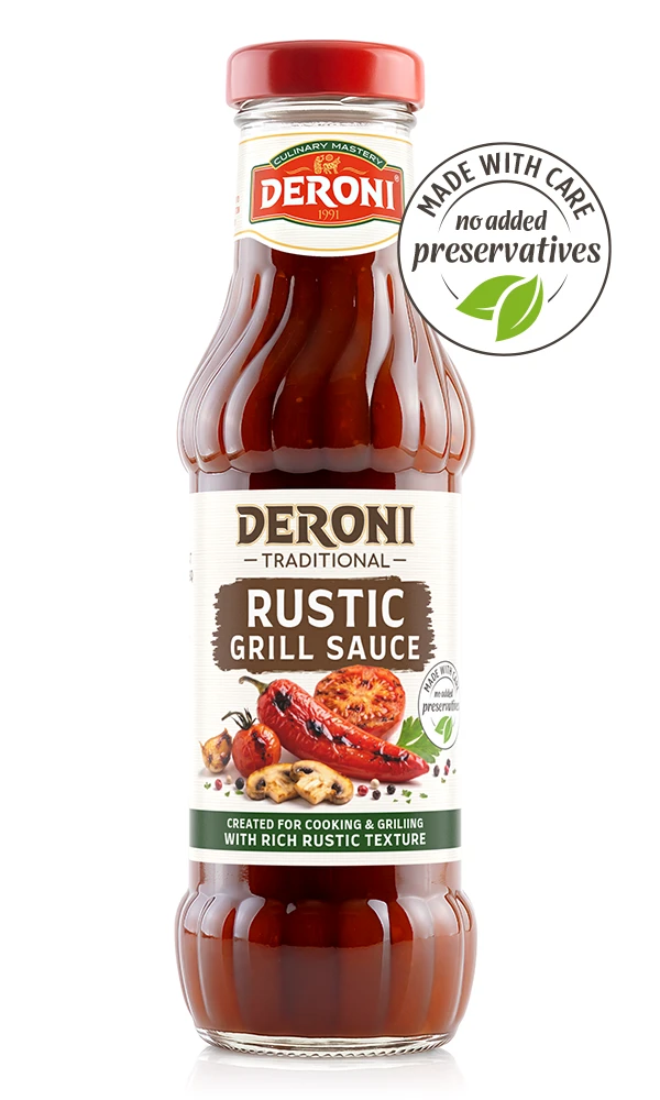 Deroni Classic Garlic Sauce with a red cap and food serving suggestions on the label.