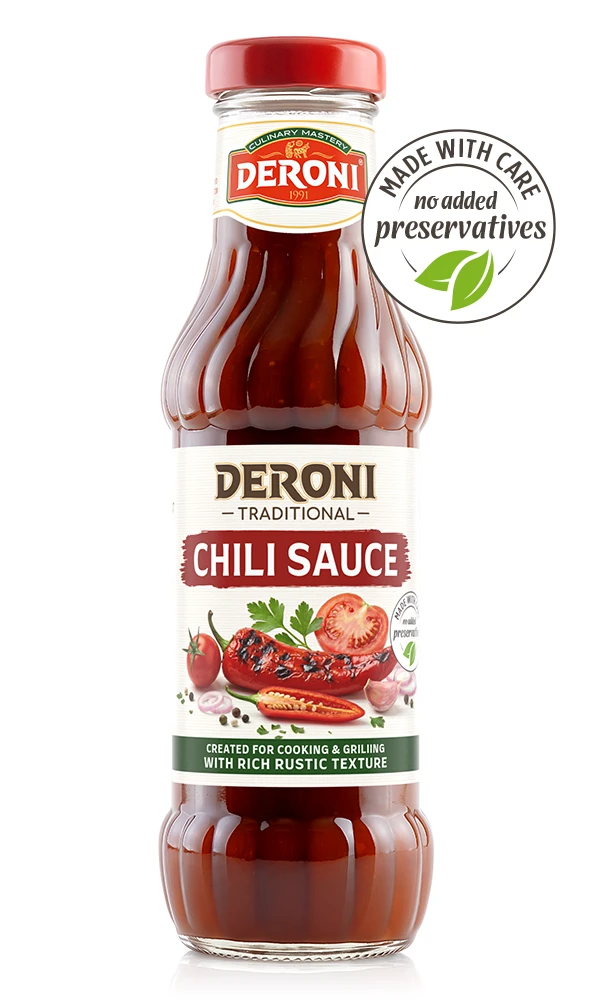 Bottle of Deroni Samurai Sauce Original with red cap and label showing sauce, garlic, chili, and herbs.