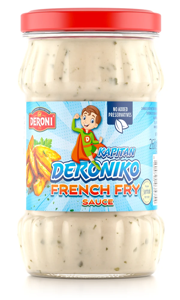 Bottle of Deroni Samurai Sauce Original with red cap and label showing sauce, garlic, chili, and herbs.