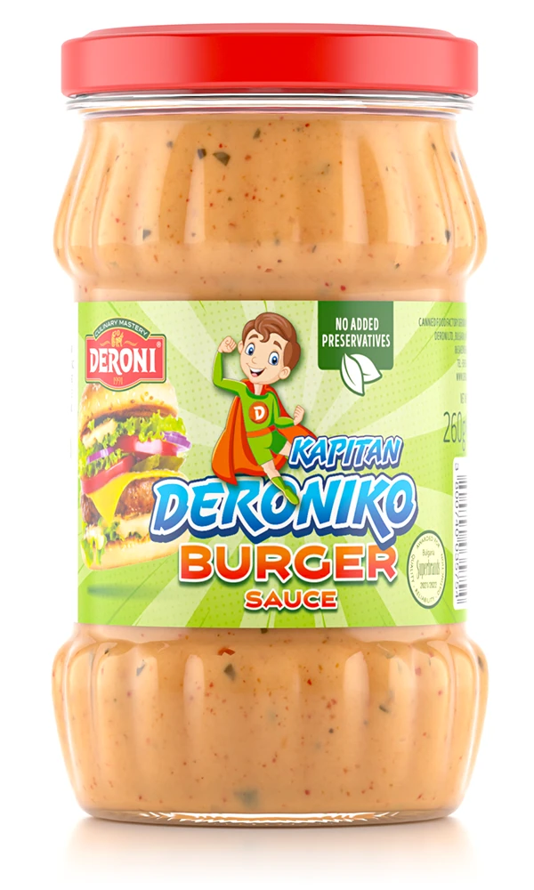 Bottle of Deroni Smoky BBQ sauce with red cap and image of grilled meat on label.