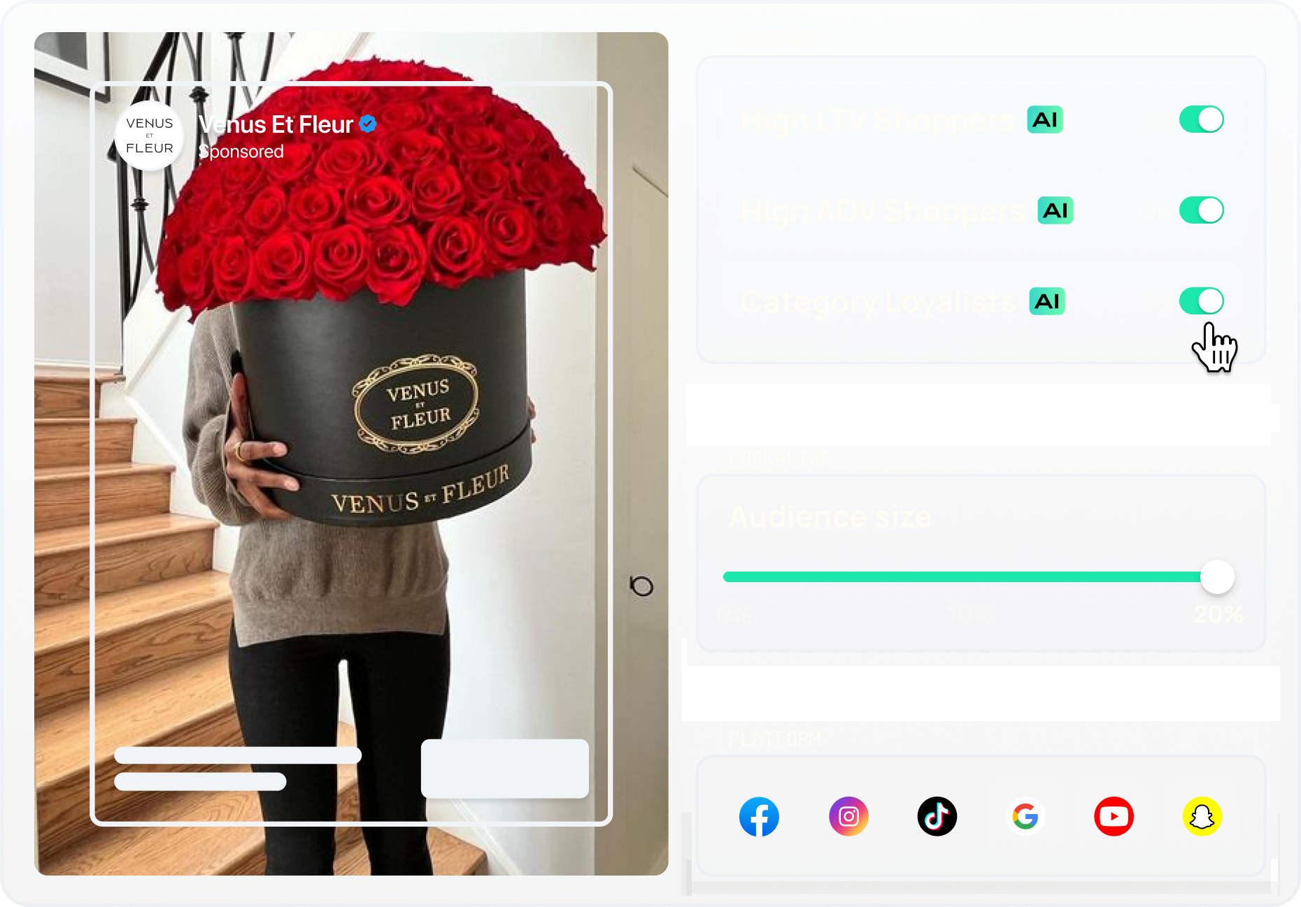 Build Proxima AI Audiences for paid social by selecting shopper attributes, lookalike audience size, and ad platform.