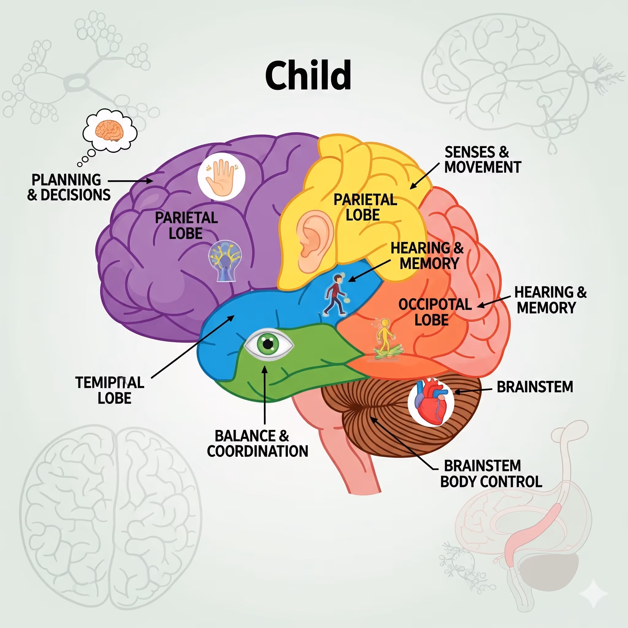 Colorful labeled diagram of a child's brain, showing parietal lobe for planning and decisions, temporal lobe for senses and movement, occipital lobe for hearing and memory, and brainstem for body control and heart function.