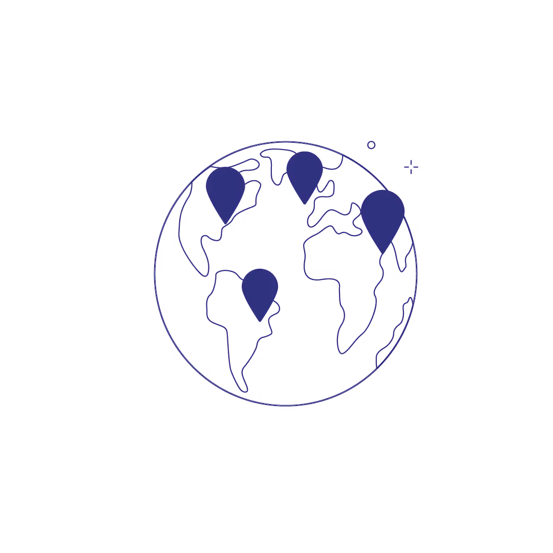 Outline of a globe with location pins marking various continents including North America, South America, Europe, and Africa.