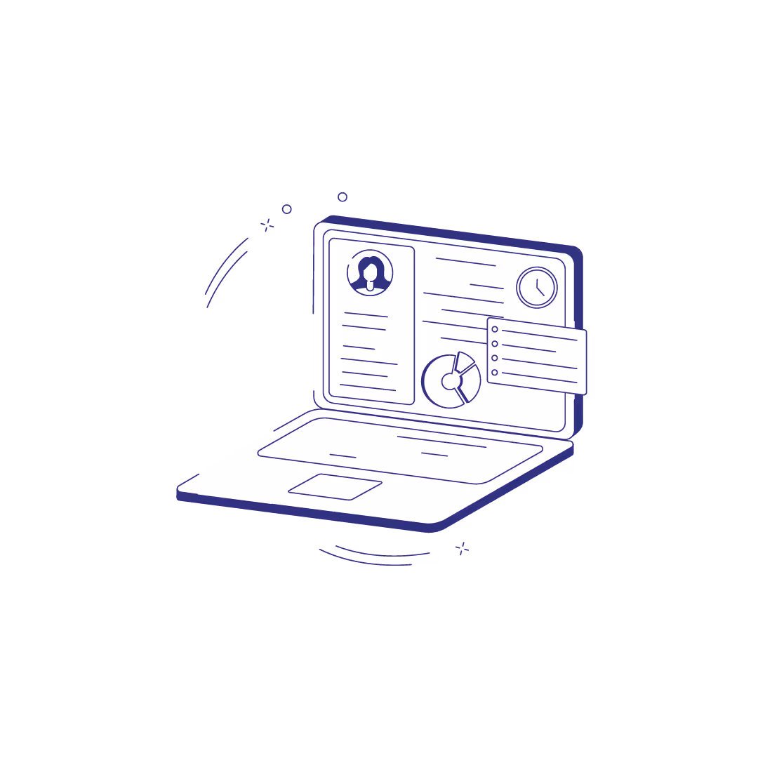 Line drawing of an open laptop displaying a user profile, clock, pie chart, and a checklist on its screen.