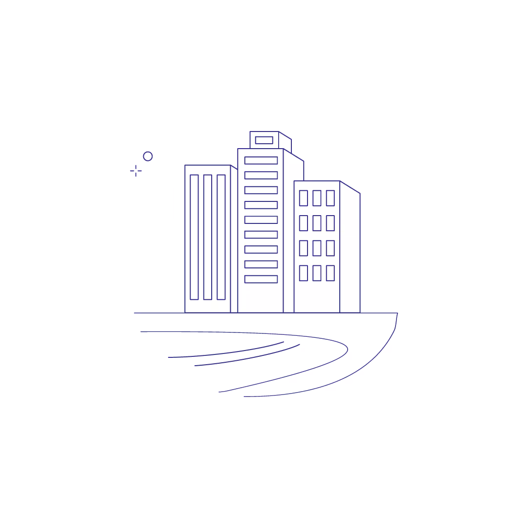 Outline of three modern buildings with curved lines in front representing a road or path.