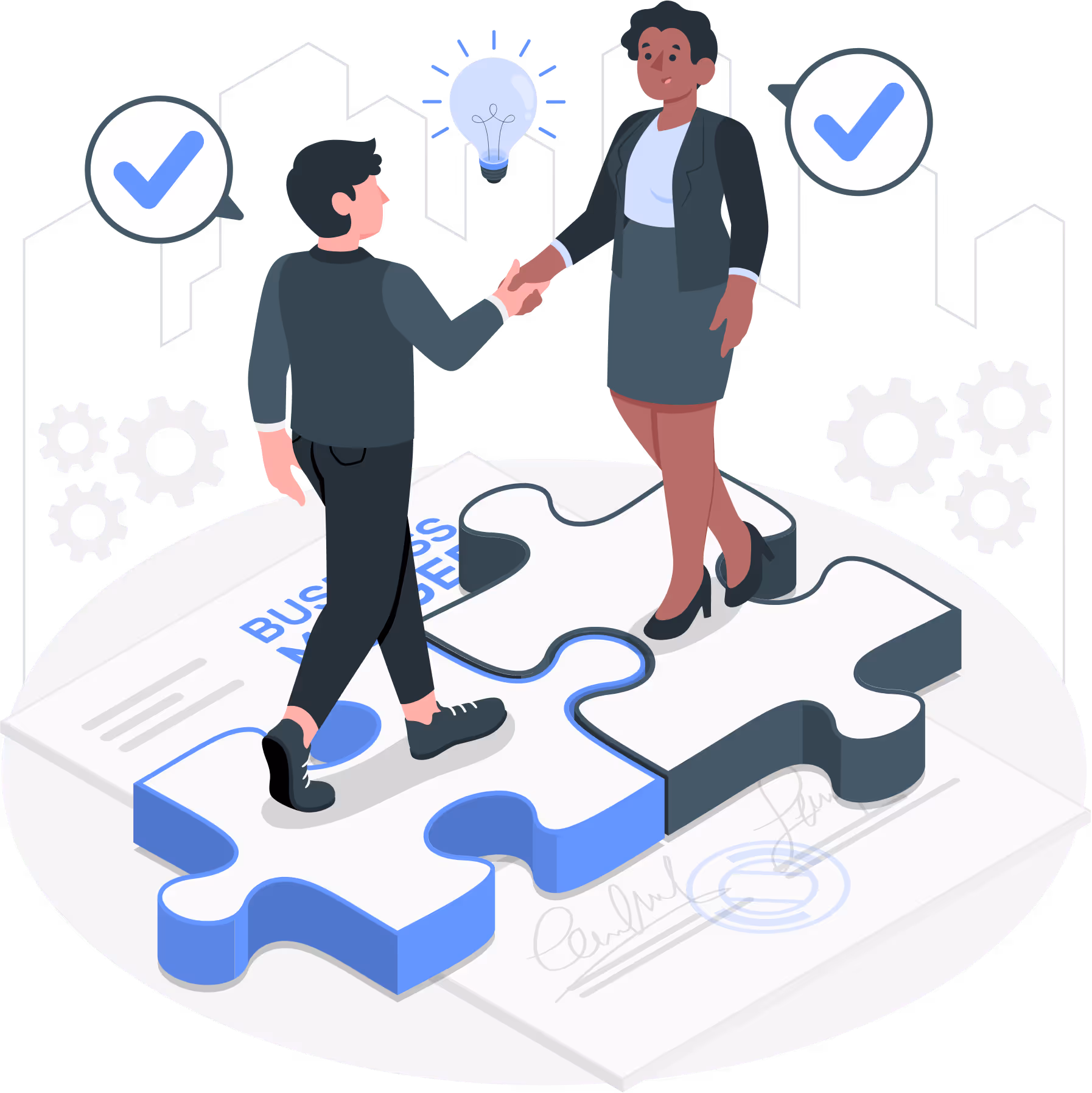 Two business people shaking hands while standing on connected puzzle pieces over a signed business contract, with check marks, gears, and a lightbulb in the background.