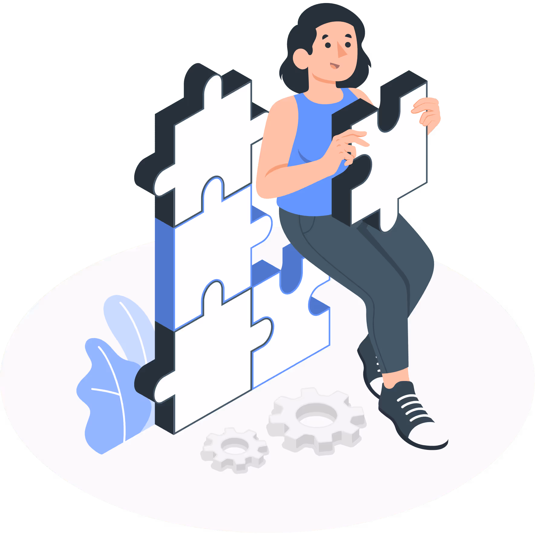 Person sitting on a large puzzle piece, holding another piece, with additional puzzle pieces and gears nearby.