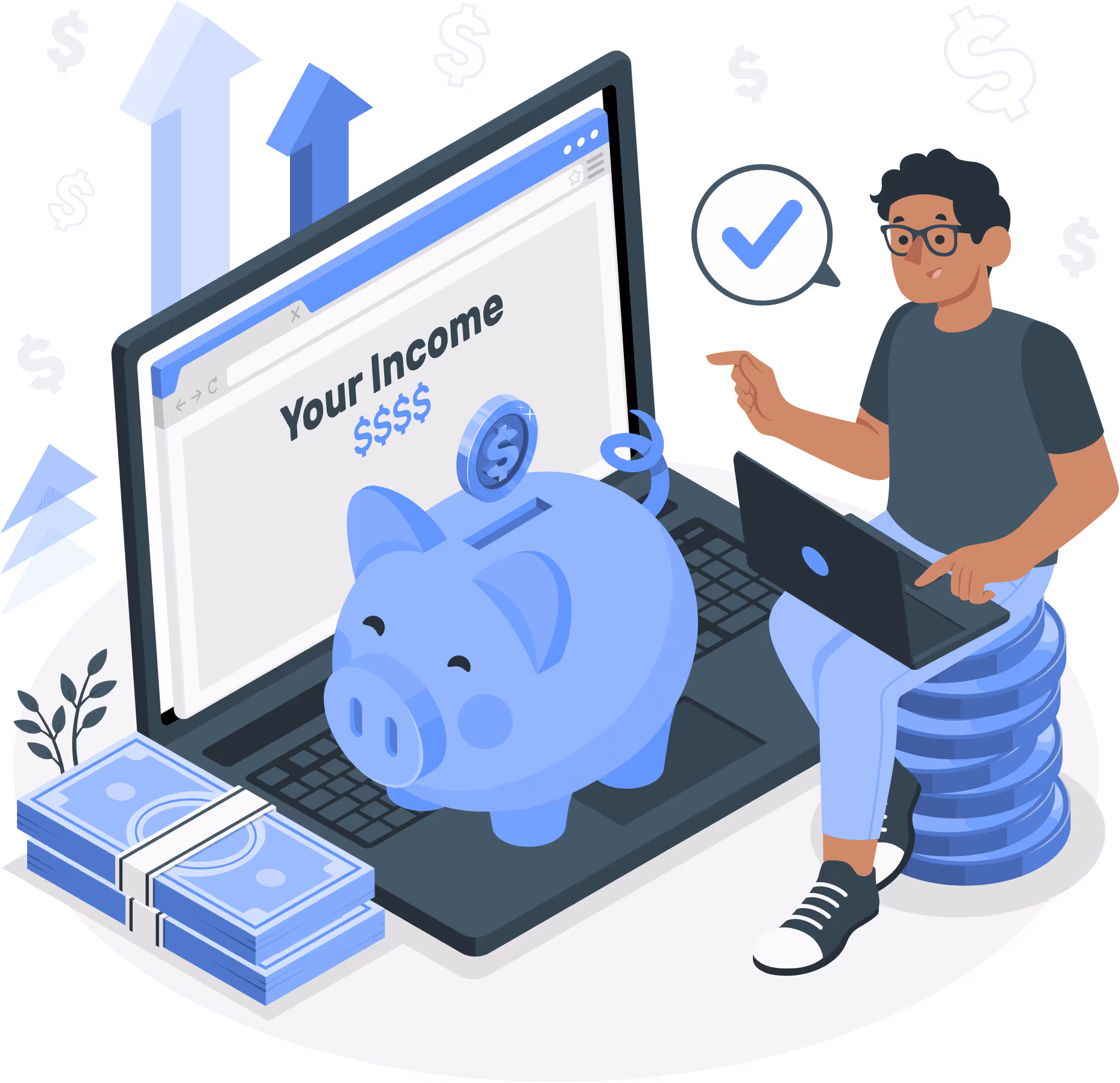 Person using a laptop sitting on stacked coins next to a large piggy bank and bundles of cash, with a screen showing the text 'Your Income' and dollar signs.