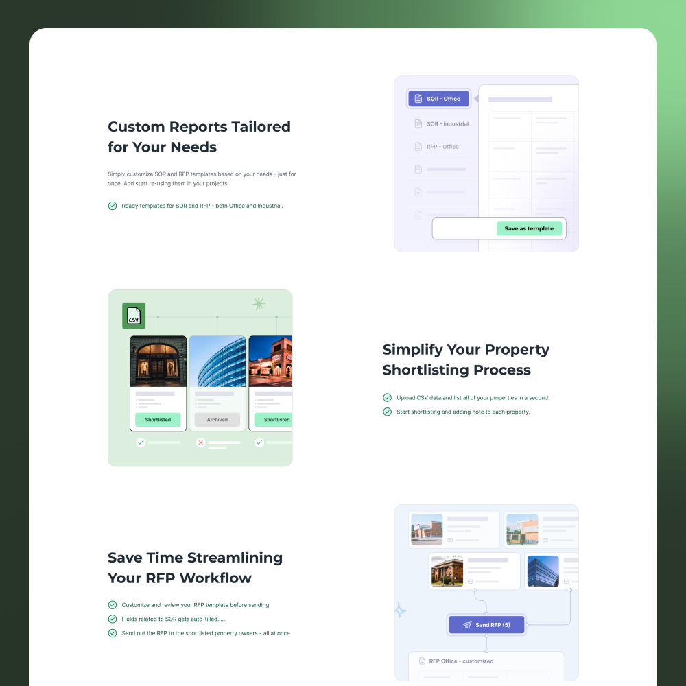 Commercial Real Estate Project management SaaS app landing page features