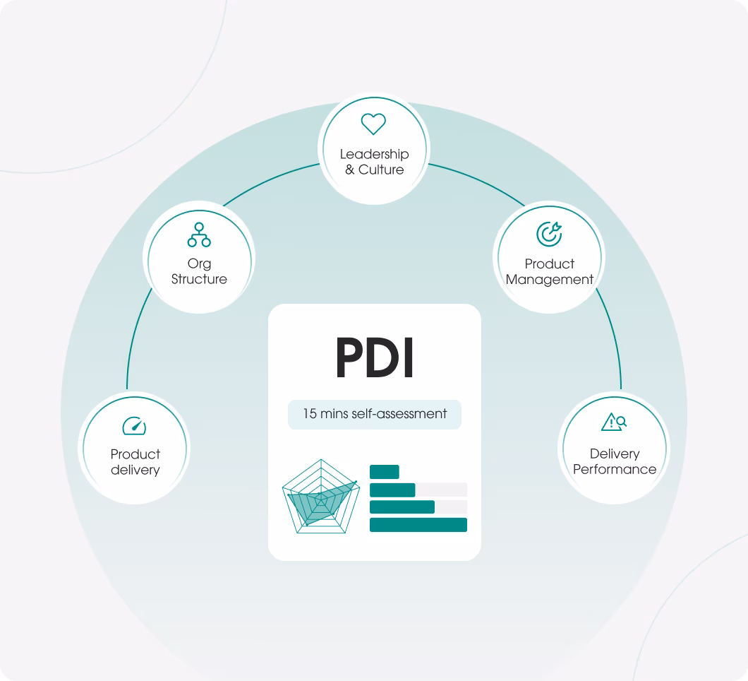 Diagram showing PDI self-assessment surrounded by five elements: Leadership & Culture, Product Management, Delivery Performance, Product Delivery, and Org Structure.